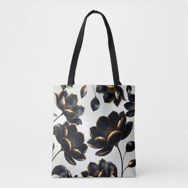 Tote Bag Black & Gold Floral Greige Elegant Dark Moody (Devant)