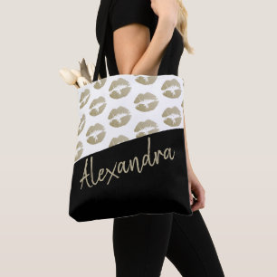 Tote Bag Black Gold Lips Kiss Motif Moderne Personnalisé