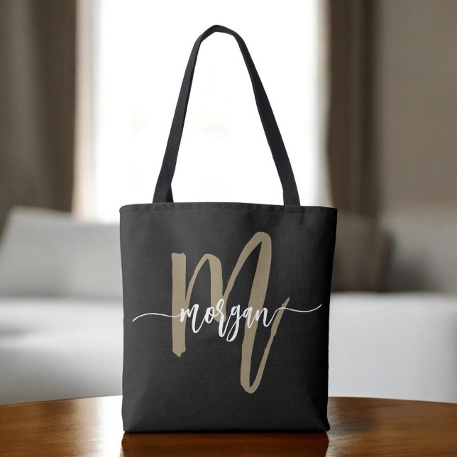 Tote Bag Black Gold Modern Script Girl Monogramme Nom (Créateur téléchargé)