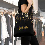 Tote Bag Black gold stars nom élégant<br><div class="desc">Un arrière - plan noir avec une cascade d'étoiles brillantes dorées,  un peu de bling et de luxe. Lettres d'or et modèle pour Votre nom.</div>