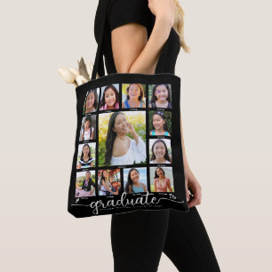 Tote Bag Black Graduation K-12 Modern Script Photo Collage