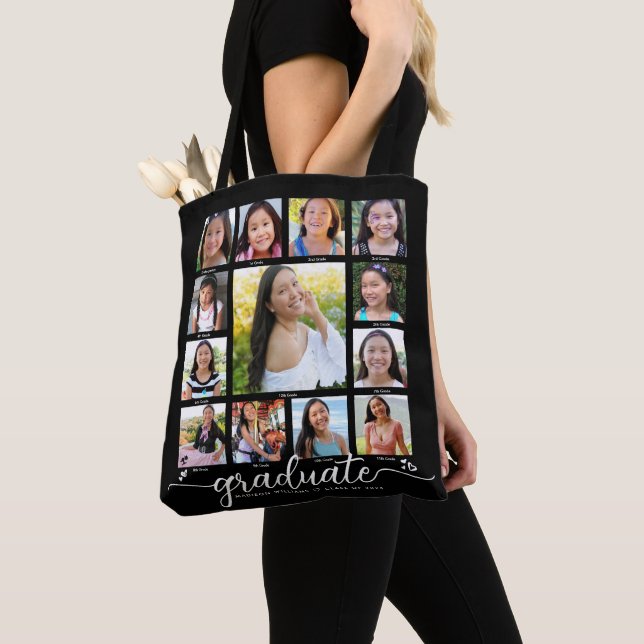 Tote Bag Black Graduation K-12 Modern Script Photo Collage (De près)