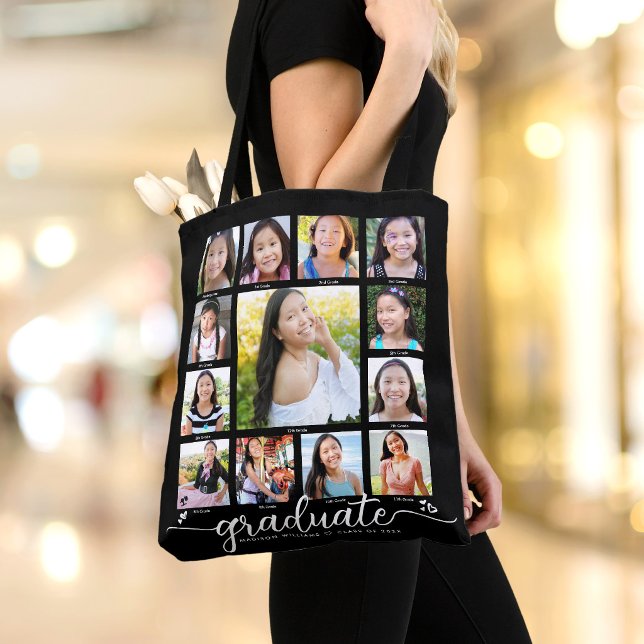 Tote Bag Black Graduation K-12 Modern Script Photo Collage (Créateur téléchargé)
