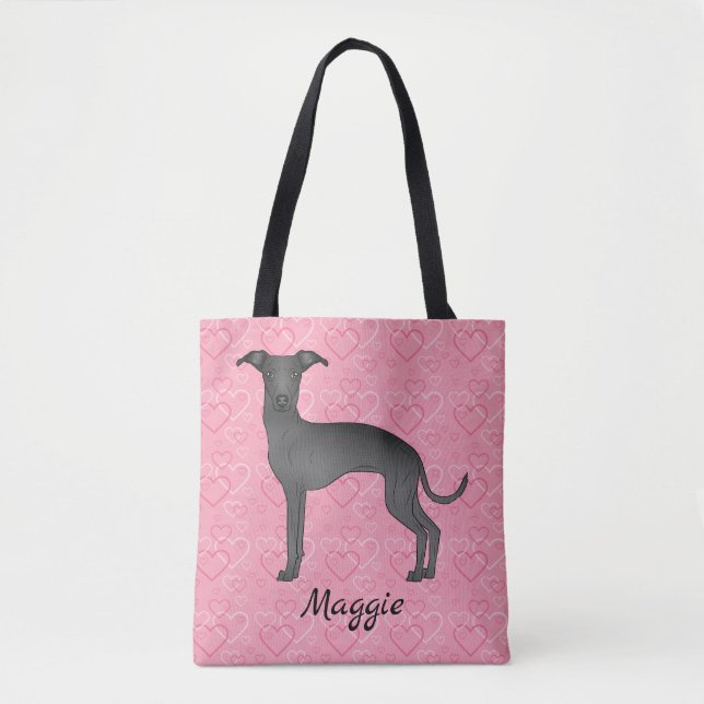 Tote Bag Black Italien Greyhound Cute Dog Sur Coeur Rose (Devant)