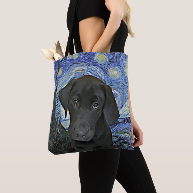 Tote Bag Black Lab Puppy Starry Night Van Gogh Inspiré  (De près)