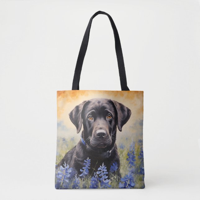 Tote Bag Black Labrador dans Bluebonnets (Devant)