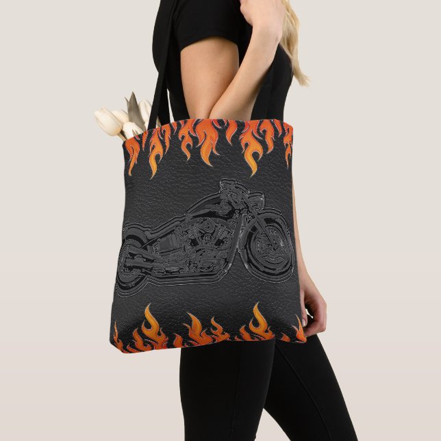 Tote Bag Black Leather Orange Flames (De près)