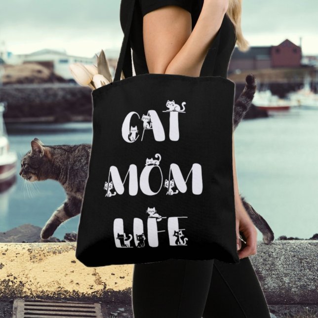 Tote Bag Black Modern Chat Maman Vie Mère mignonne Fête des (Créateur téléchargé)