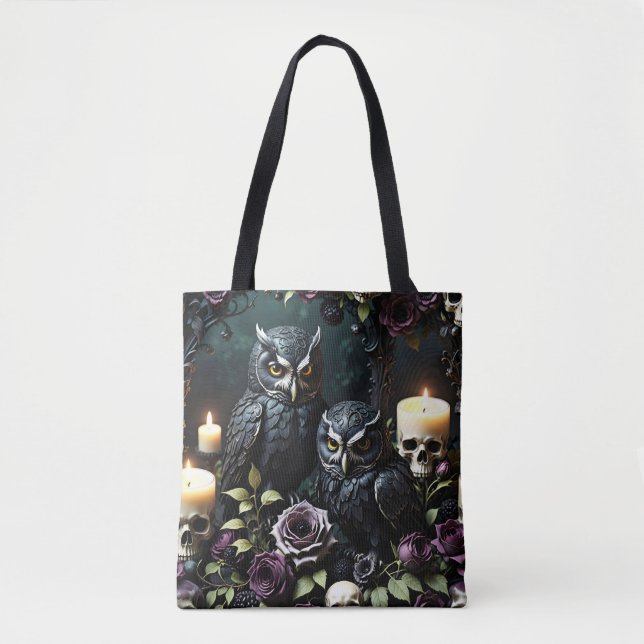 Tote Bag Black Owls Skull and Candles (Devant)