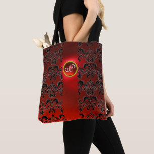 TOTE BAG BLACK RED DAMASK FLORAL, RUBY GEMSTONE MONOGRAM