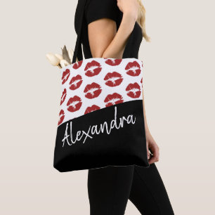 Tote Bag Black Red Lips Kiss Motif Moderne Personnalisé