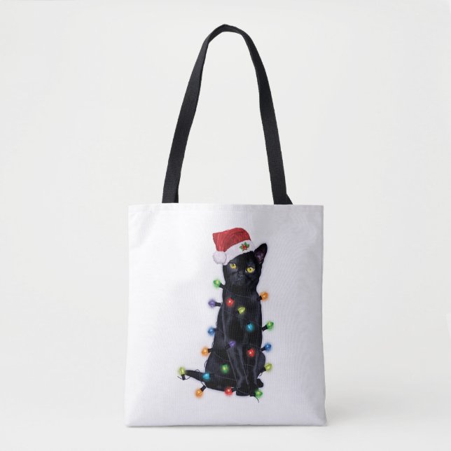 Tote Bag Black Santa Cat with christmas lights (Devant)