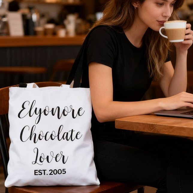 Tote Bag Black Script Name Established Chocolate Lover (Créateur téléchargé)