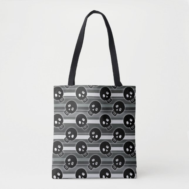 Tote Bag Black Skulls on Black White Stripe Pattern (Devant)