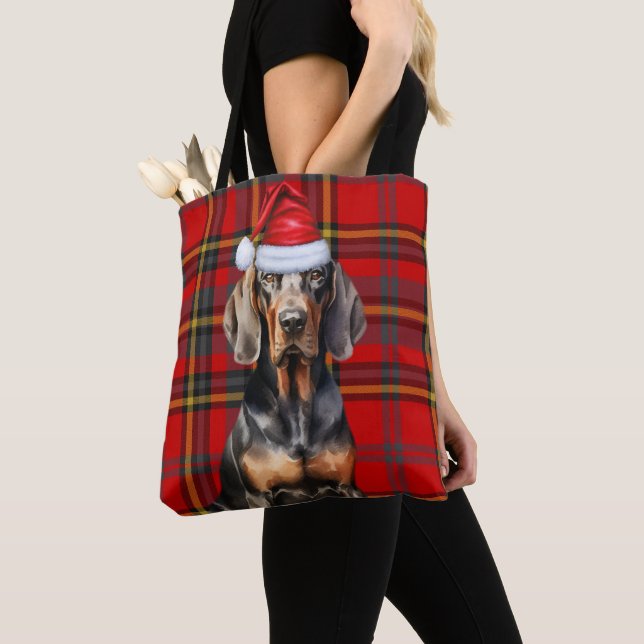 Tote Bag Black Tan Coonhound Christmas Dog Seasonal Plaid (De près)