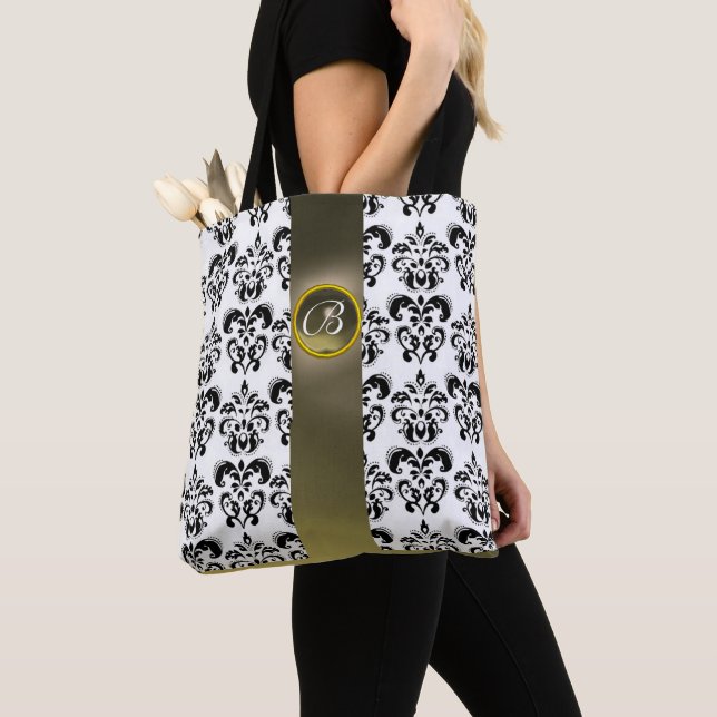 TOTE BAG BLACK WHITE DAMASK FLORAL, GRIS MONOGRAMME EN PIER (De près)