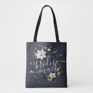 Tote Bag Black White Gold Floral Wreath Mariage Bridesmaier
