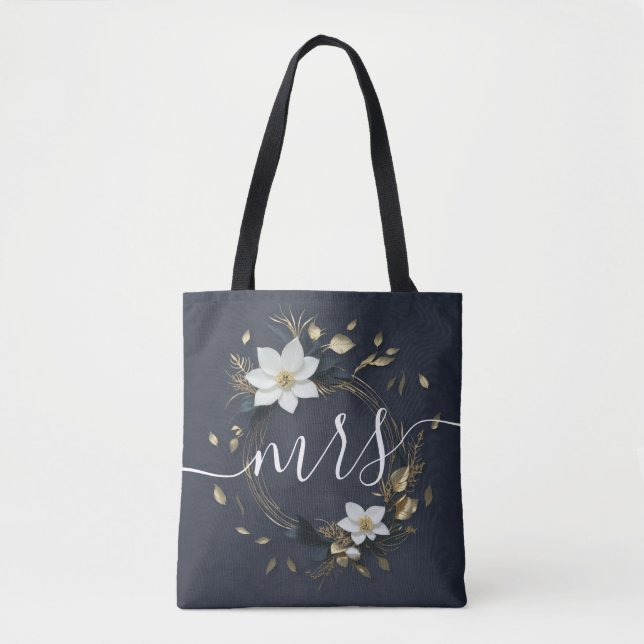 Tote Bag Black White & Gold Floral Wreath Mariage Mariée Mm (Devant)