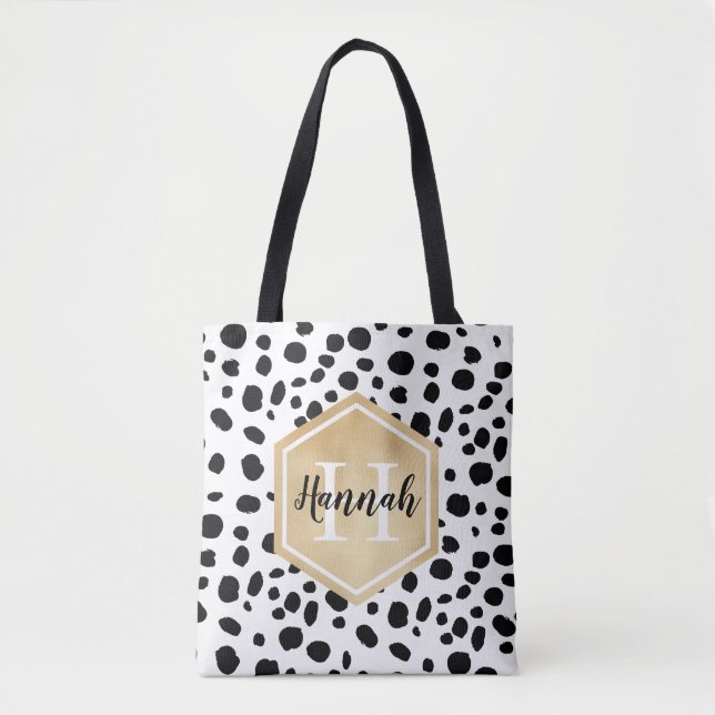 Tote Bag Black White Spots Motif Gold Monogramme (Devant)