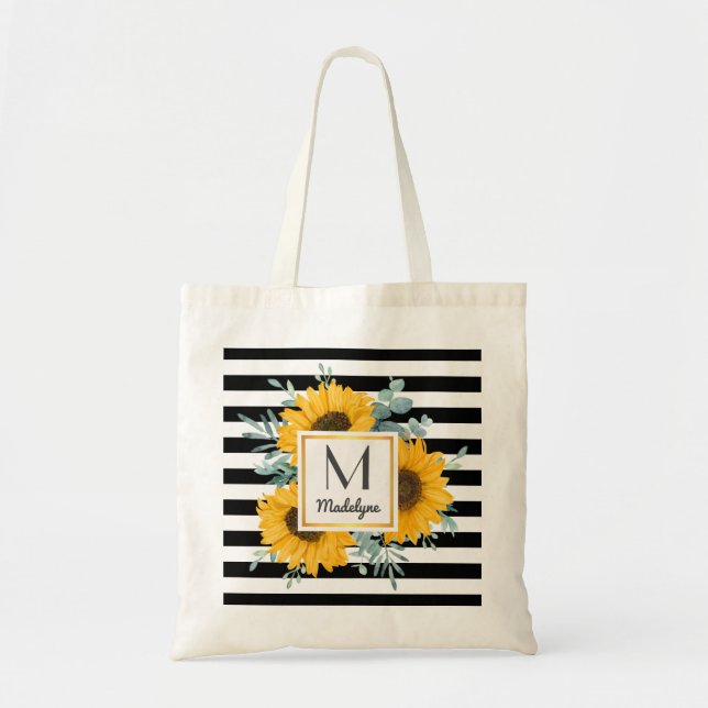 Tote Bag Black White Stripes Gold Sunflower Personnalisé (Devant)