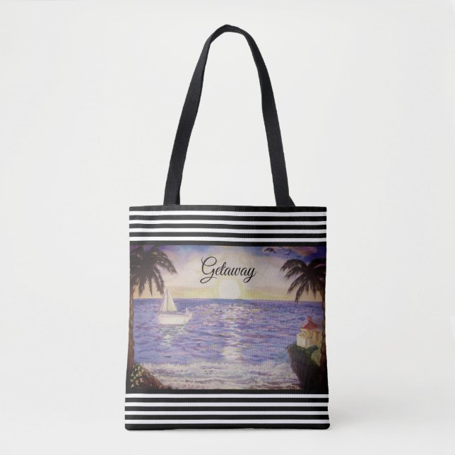Tote Bag Black White Stripes & Ocean Beach Paysage (Devant)