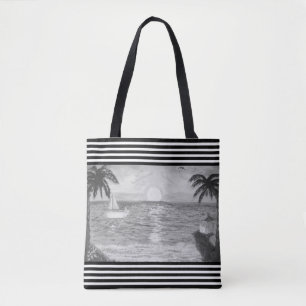 Tote Bag Black White Stripes & Ocean Beach Paysage