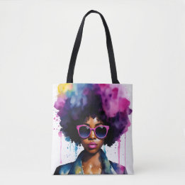 Tote Bag Black Woman Afra Cheveux et lunettes de soleil Rai