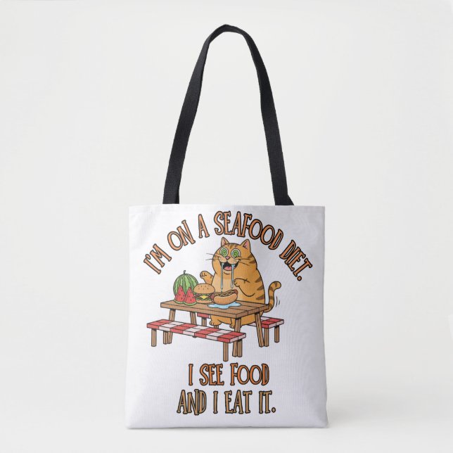 Tote Bag Blague sur le régime de fruits de mer – Chat affam (Devant)