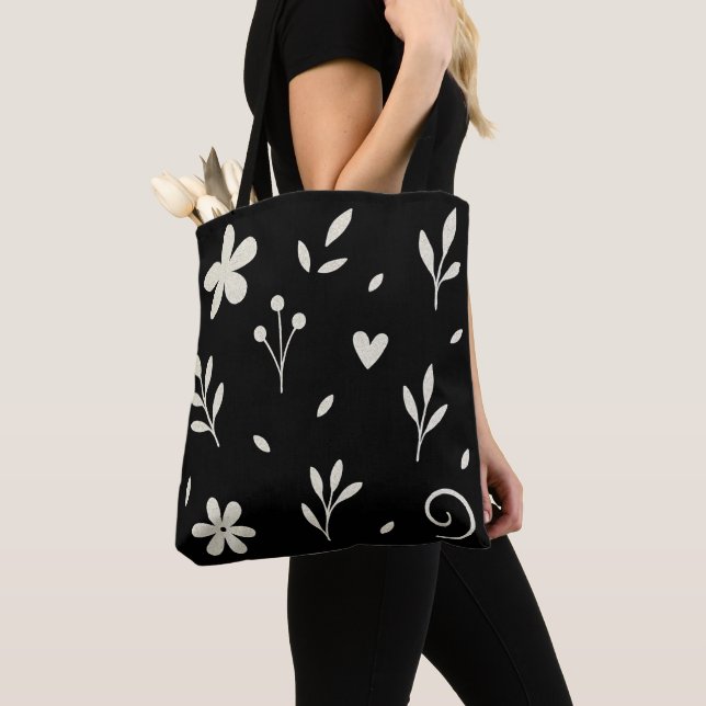 Tote Bag Blanc d'Ivoire Floral Noir  (De près)