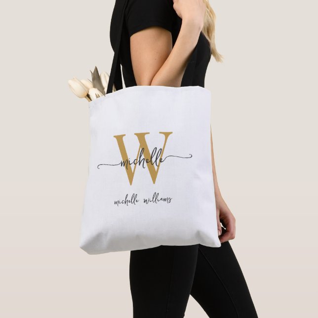 Tote Bag Blanc Élégant Or Personnalisé Monogramme Féminin (De près)
