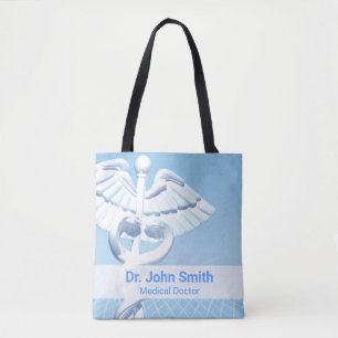 Tote Bag Blanc médical Dessin bleu Caducée 3D