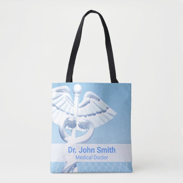 Tote Bag Blanc médical Dessin bleu Caducée 3D (Devant)