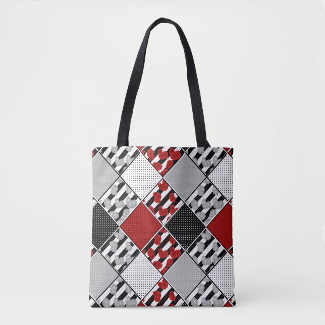 Tote Bag Blanc noir avec patchwork rétro rouge (Devant)