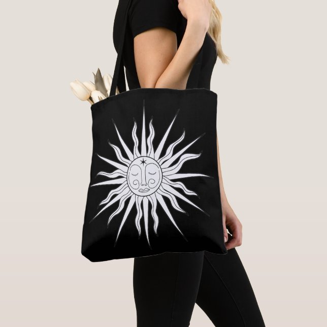 Tote Bag Blanc & Noir Caprice Soleil Céleste Astrologie (De près)