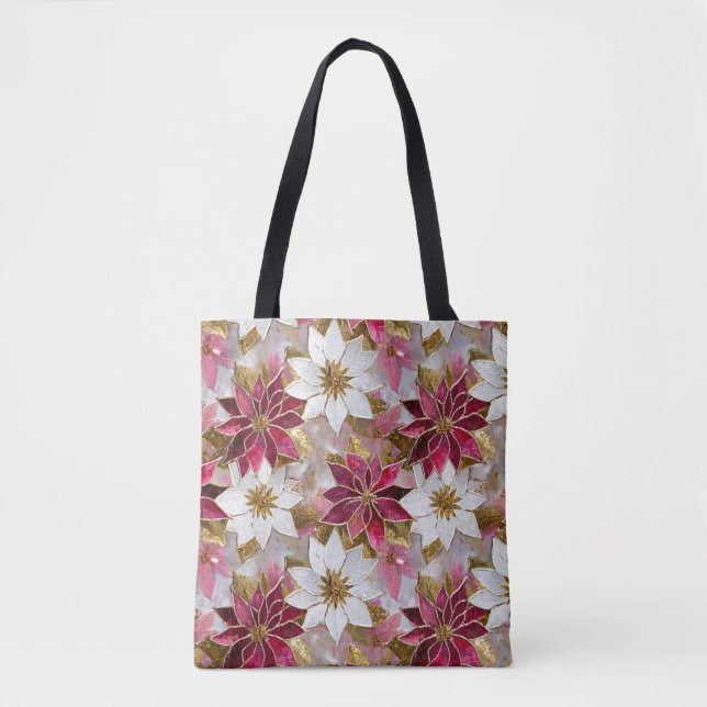 Tote Bag Blanc Or Bourgogne rose Poinsettias de Noël (Devant)