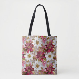 Tote Bag Blanc Or Bourgogne rose Poinsettias de Noël