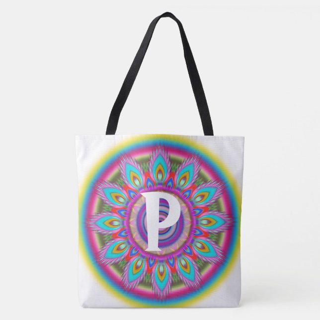 Tote Bag Blanc psychédélique initial fait sur commande de (Devant)