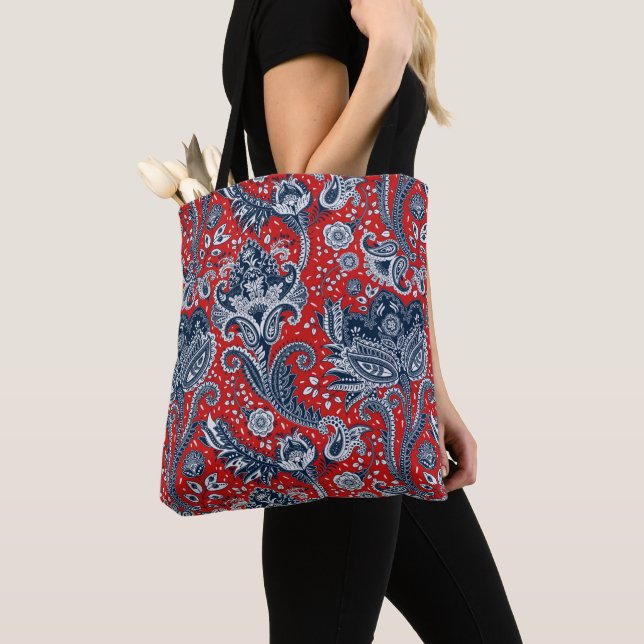 Tote Bag Blanc rouge et bleu Floral Paisley Bohemian Boho (De près)
