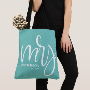 Tote Bag Blanc sur turquoise personnalisé Mme ETABLISHED
