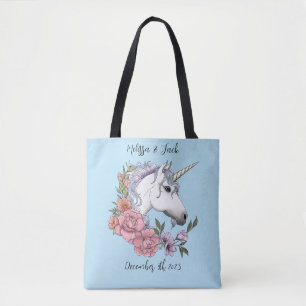 Tote Bag Blanc Unicorne rose Fleurs Bleu