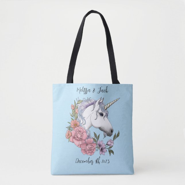 Tote Bag Blanc Unicorne rose Fleurs Bleu (Devant)