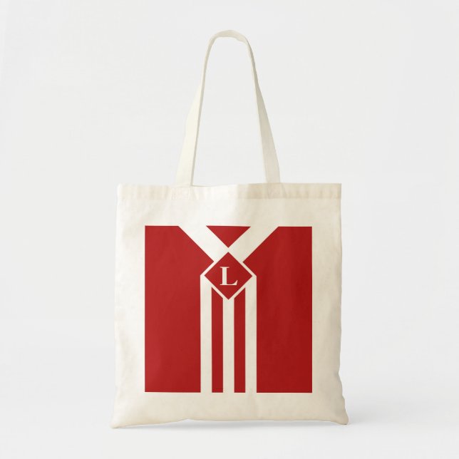 Tote Bag Blancs et Chevrons sur Rouge avec Monogramme (Devant)