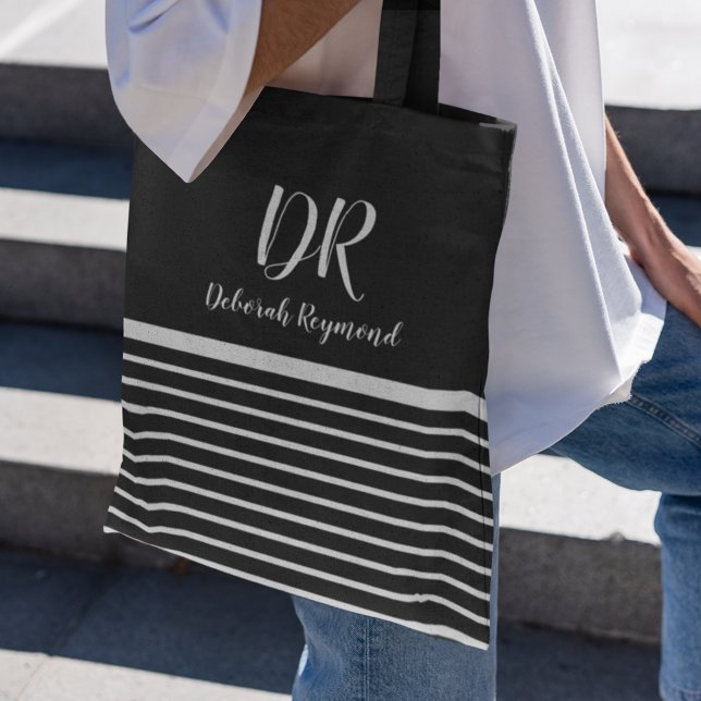 Tote Bag Blancs horizontaux monogramme élégant noir (🖤 simple and modern look with stripes)