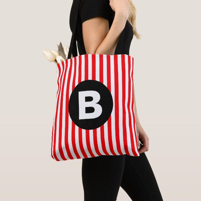 Tote Bag Blancs rouges Verticaux Noir Monogramme (De près)