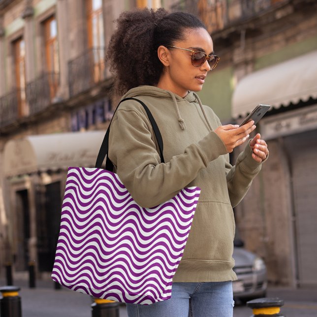 Tote Bag Blancs Violets Tirures Psychédéliques Hypnotiques (Purple White Wavy Stripes Psychedelic Hypnotic Tote Bag. shopping bag, fashion bag, tote, bag, )