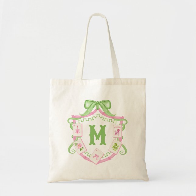 Tote Bag Blason de monogramme Mahjong à arc rose et vert aq (Devant)