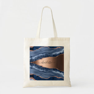 Tote Bag Bleu agate marbre rose or nom script