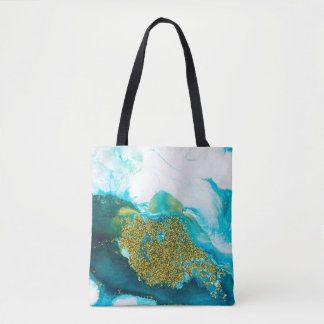 Tote Bag Bleu avec or parties scintillant fluide art, créat