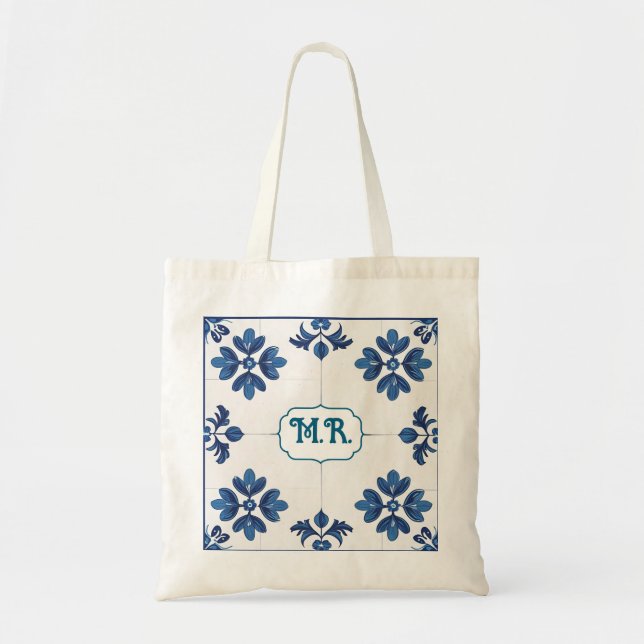 Tote Bag Bleu Azulejo Indigo Portugais Monogramme Lisbonne (Devant)
