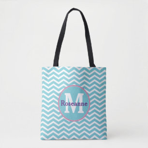 Tote Bag Bleu Blanc Chevron avec Monogramme et Nom